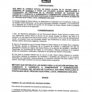 CONVOCATORIA PARA LA ELECCIÓN DE CANDIDATAS Y CANDIDATOS “PROCESO INTERNO” QUE SERÁN POSTULADOS POR NUEVA ALIANZA EN EL PROCESO ELECTORAL ORDINARIO 2015-2016 CONVOCATORIA PARA LA ELECCIÓN DE CANDIDATAS Y CANDIDATOS “PROCESO INTERNO” QUE SERÁN POSTULADOS POR NUEVA ALIANZA EN EL PROCESO ELECTORAL ORDINARIO 2015-2016